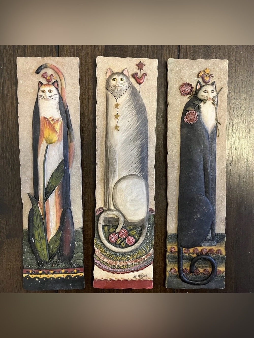 Whimsical 3D Folk Art Cats Wall Plaques Resin Tiles by E. Smithson Set of 3